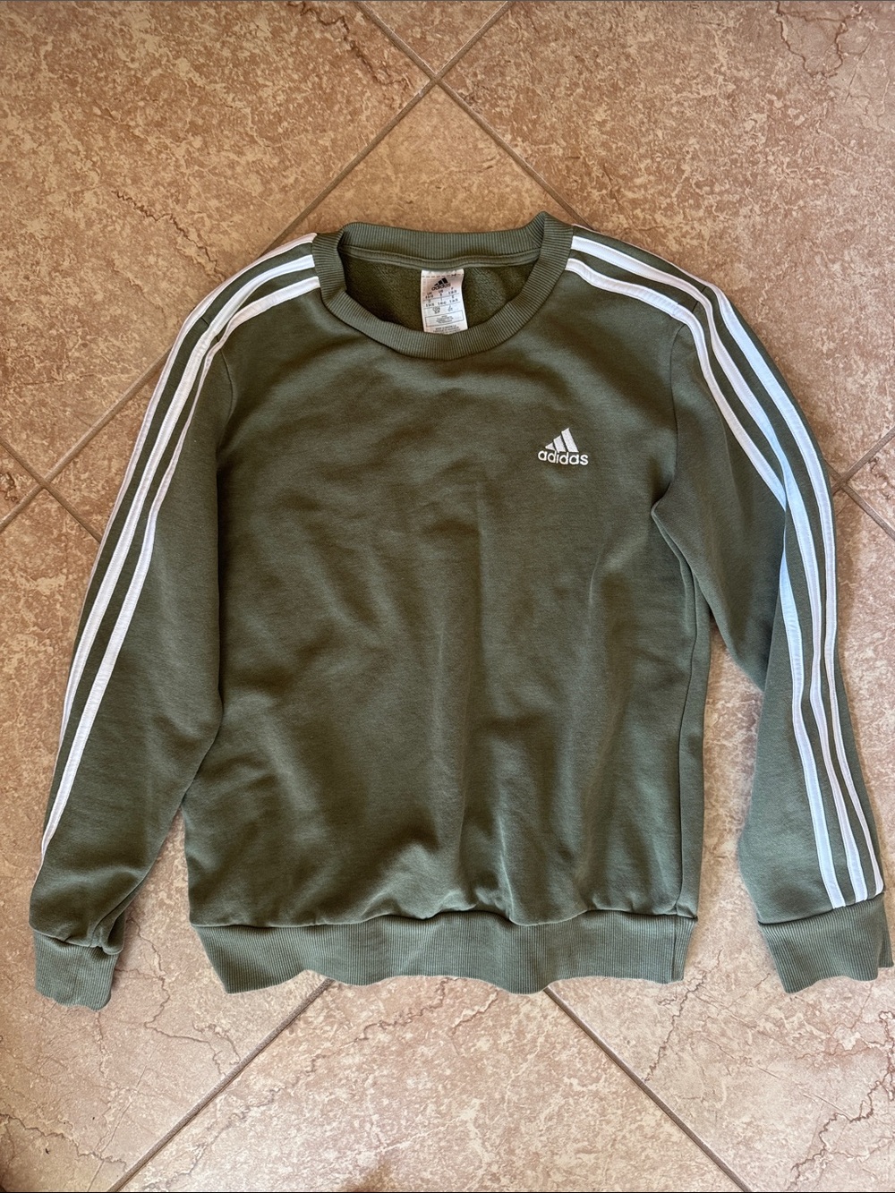 adidas Olive Green Crewneck Sweatshirt with White Three Stripes